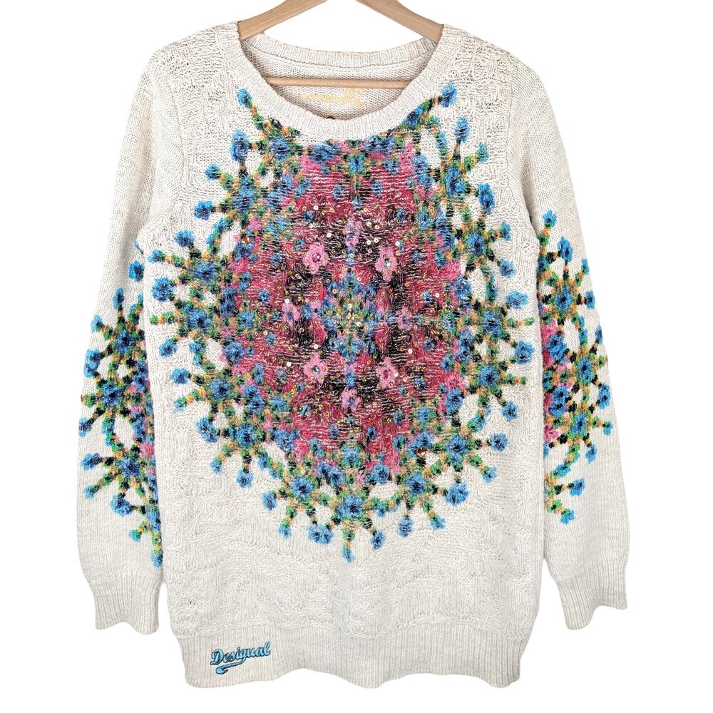Desigual Colorful Pullover Sweater Graphic Floral Sequin Art Geometric Women's L